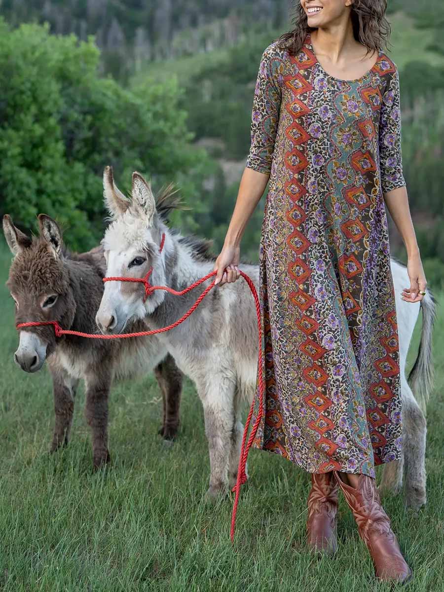 Women's Retro Floral Print Round Neck 3/4 Sleeve Casual Loose Dress