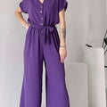 Women's V-neck Short Sleeve Solid Color Loose Wide Leg Jumpsuit