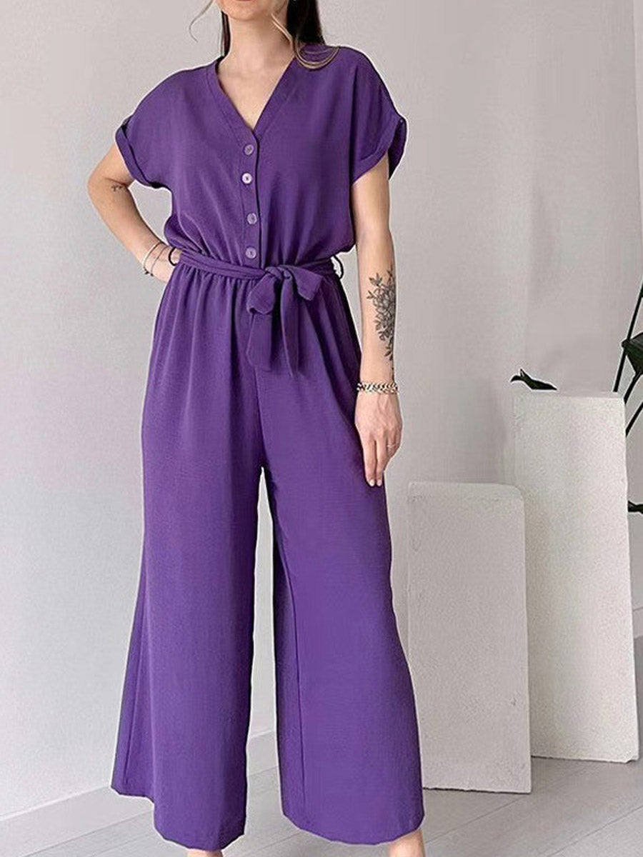 Women's V-neck Short Sleeve Solid Color Loose Wide Leg Jumpsuit