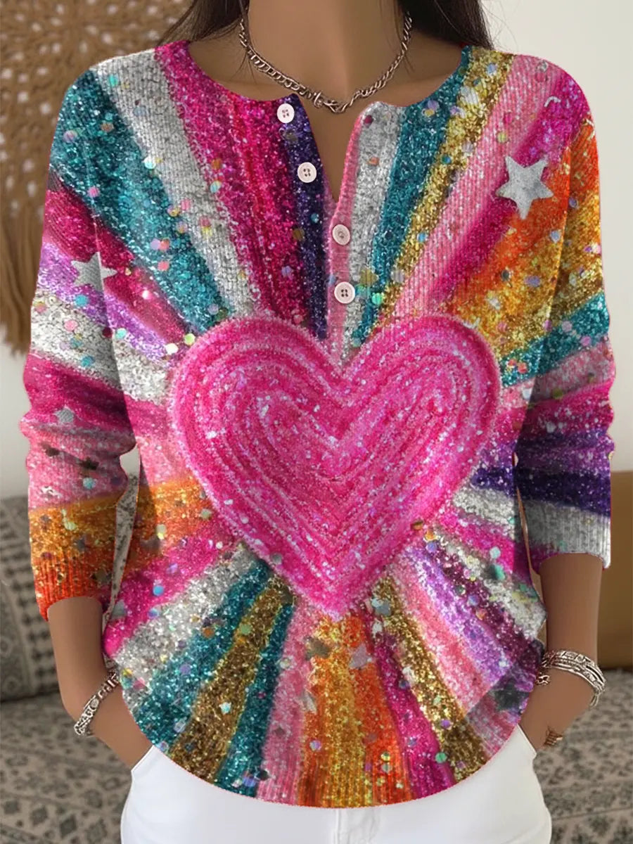 Women's Shiny Love Pattern Art Print Buttoned Cardigan Sweater
