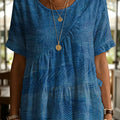 Gradient Geometric Line Ripple Decorative Pattern Women's Round Collar Short Sleeve Cotton Shirt