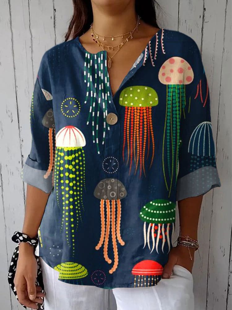Women's  Jellyfish Art Print Casual Cotton Linen Shirt