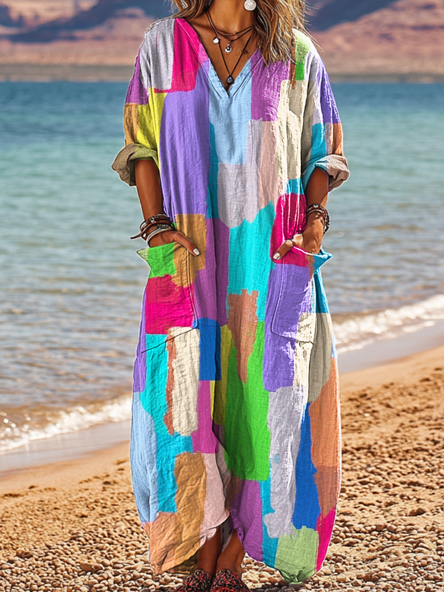 Women's Beautiful Abstract Colorful Graffiti Painting Art Print Pocket V-neck Cotton Dress