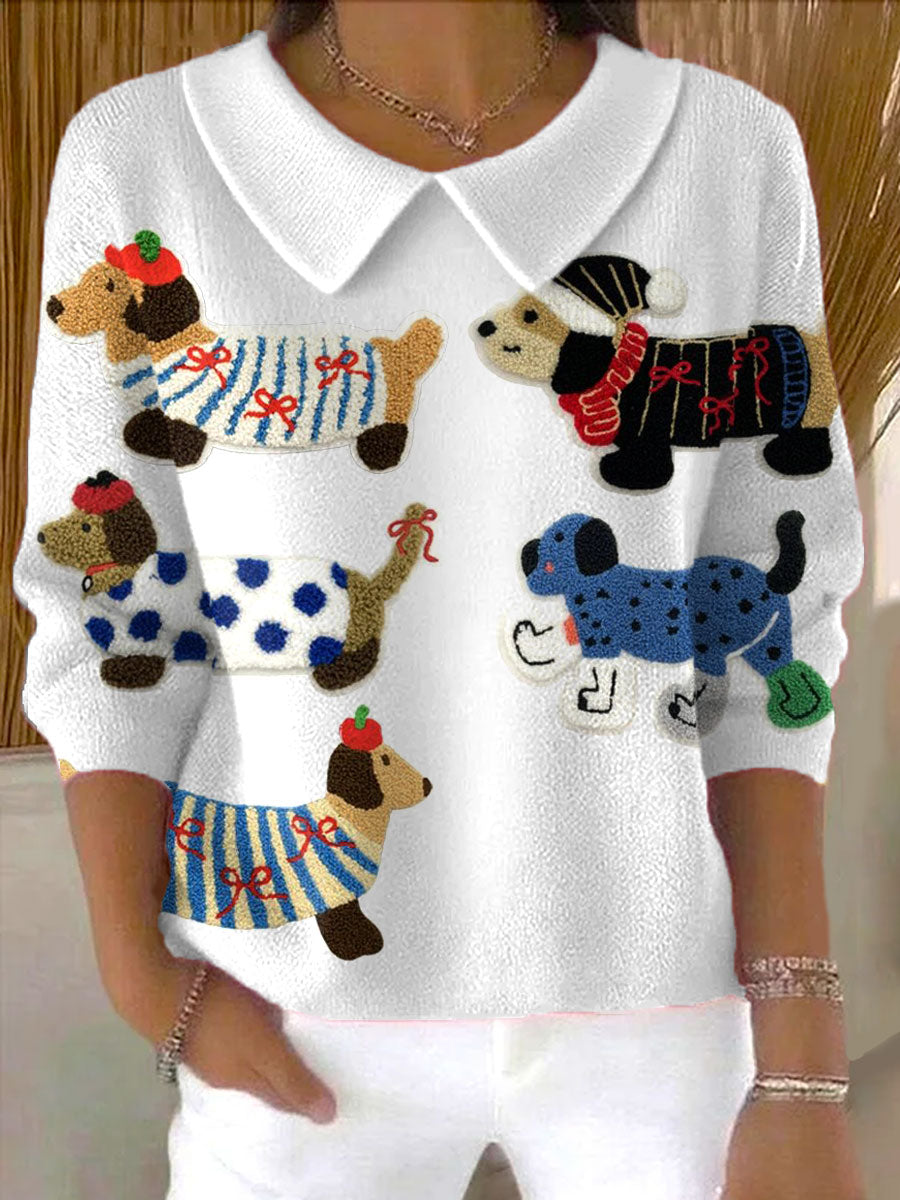 womens-vintage-dachshund-art-print-casual-peter-pan-collar-3-4-sleeve-sweater-4wej