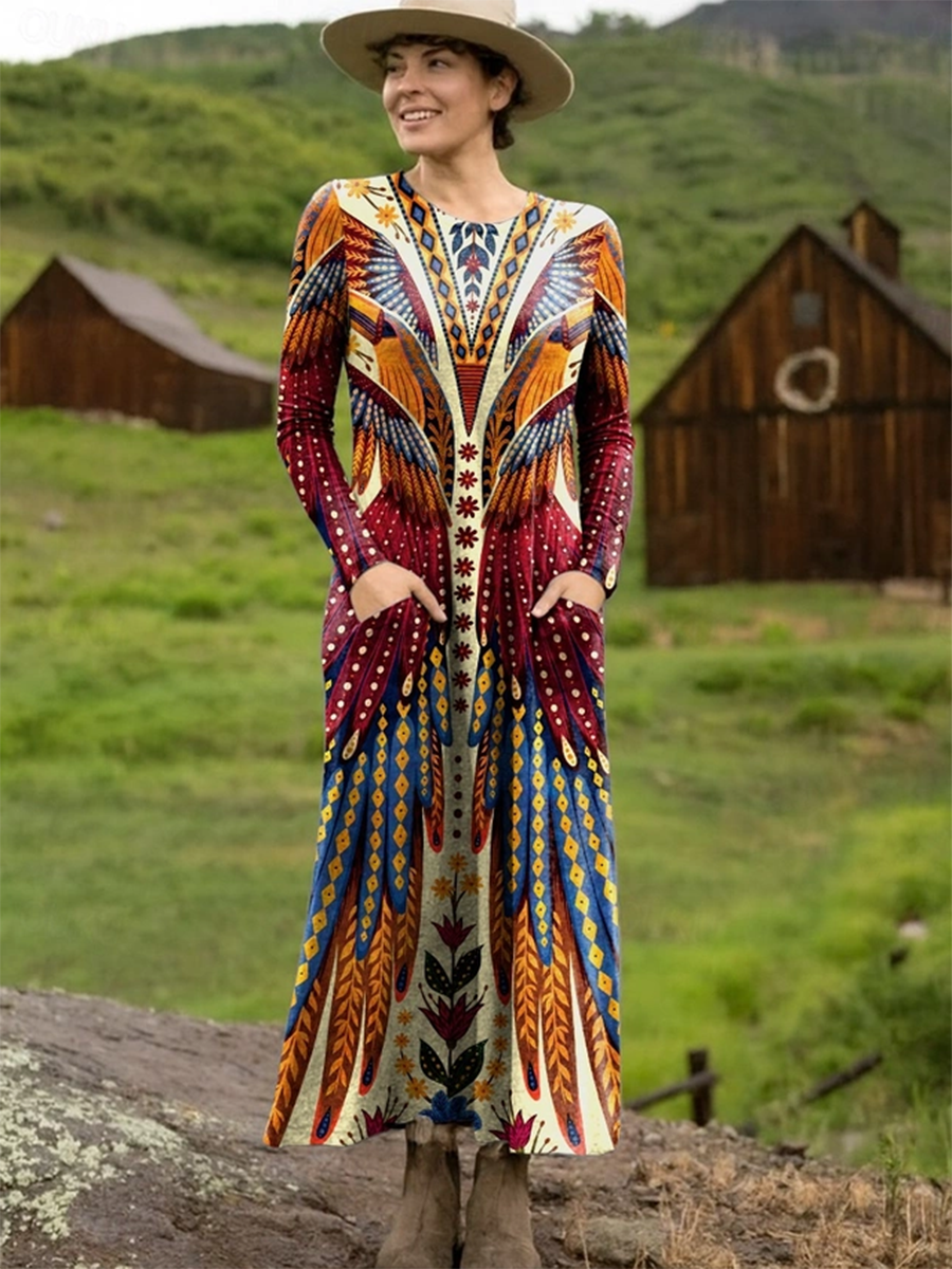 Autumn and Winter Chief Feather Crown Print Stretch Dress