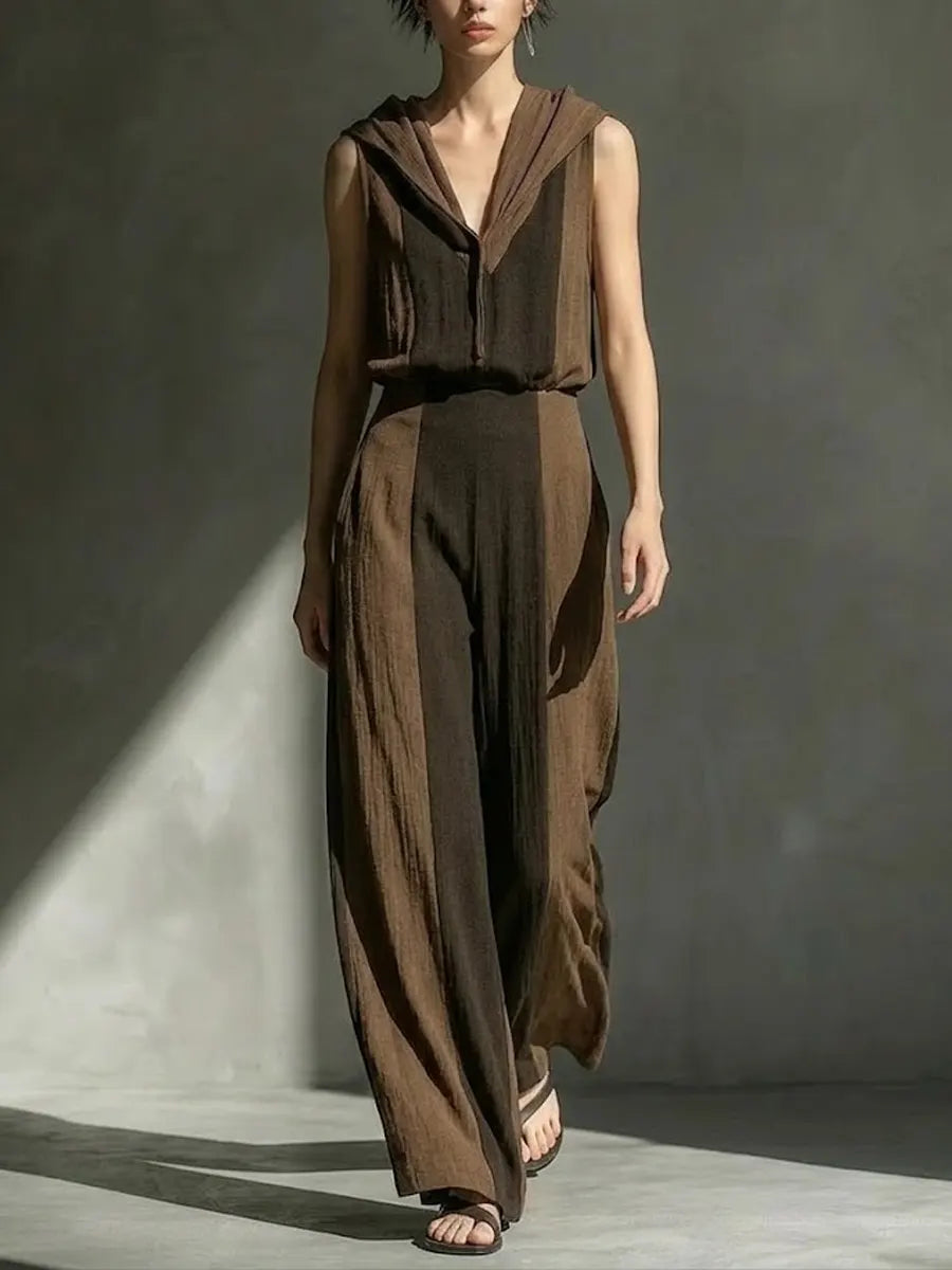 Women's Casual Hooded Sleeveless Wide-Leg Pants Color-Block Set