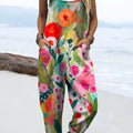 Women's Lovely Floral Pattern Art Print Casual 100% Cotton Wide Leg Jumpsuit