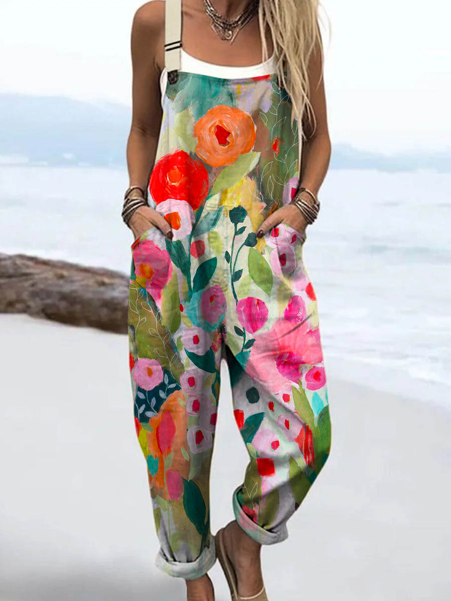 Women's Lovely Floral Pattern Art Print Casual 100% Cotton Wide Leg Jumpsuit