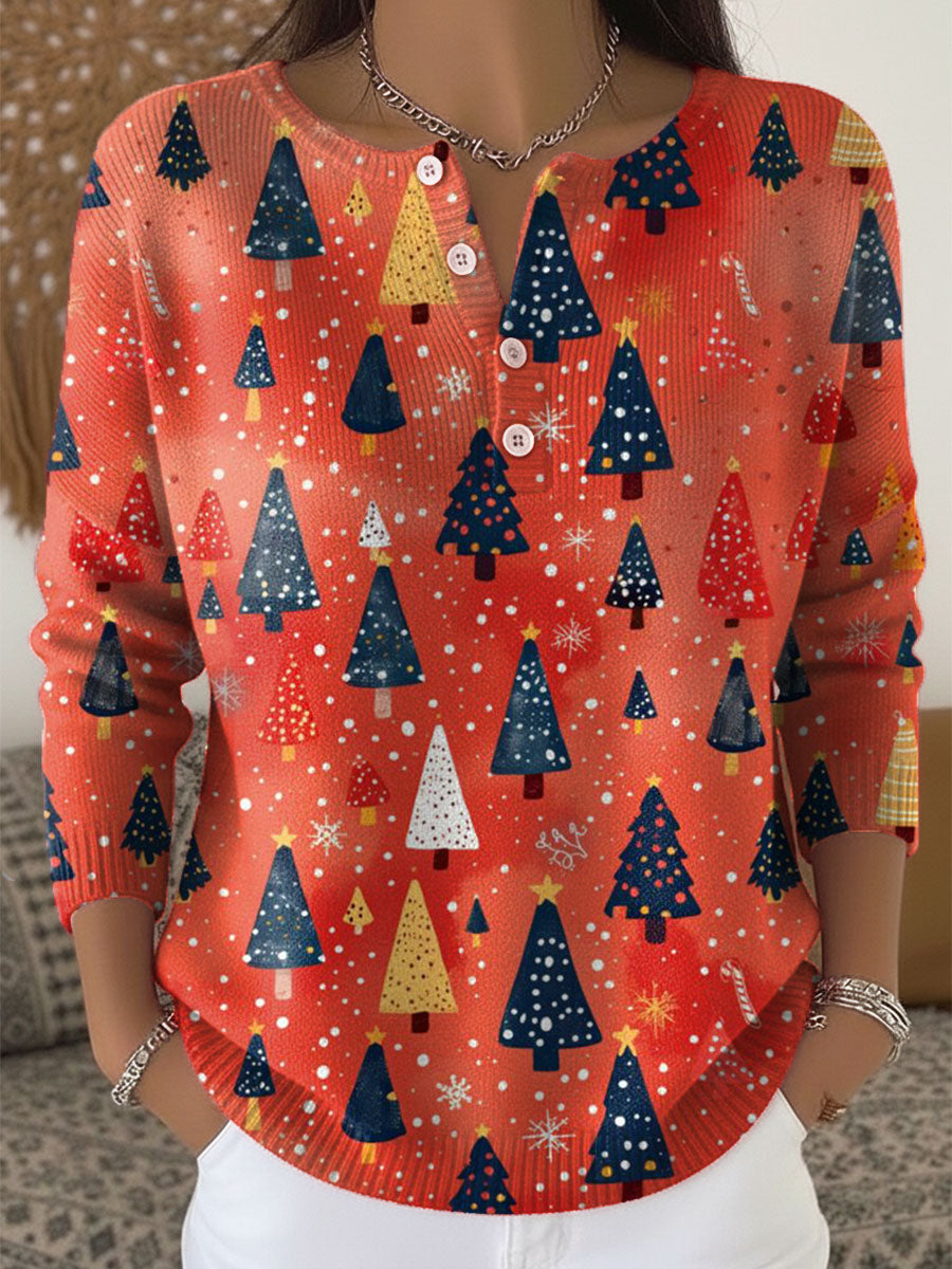 Vintage Christmas Art Print Buttoned Cardigan Sweater