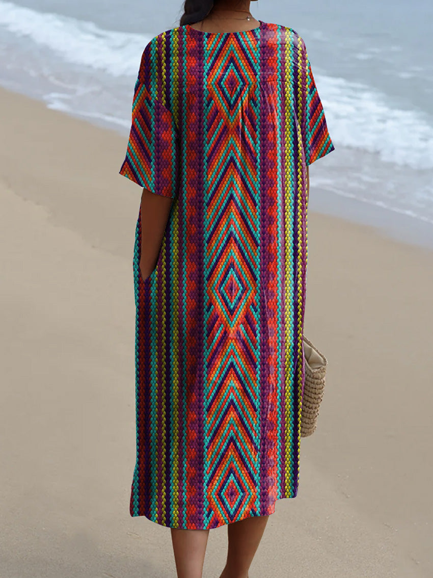 Ethnic Style Geometric Pattern Printed Women's Flowy Dress
