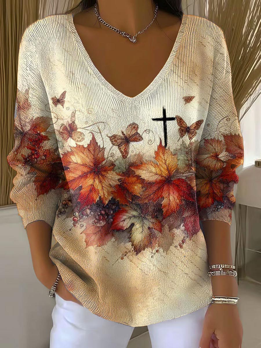 Women's Vintage Maple Art Print Casual Pullover Sweater