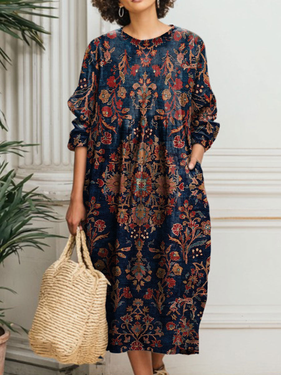 Women's Vintage Flower Art Print Pocket Cotton Dress