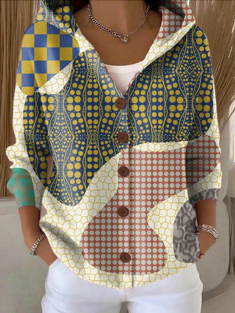 Women's Abstract Geometric Polka Dot Floral Painting Art Print Casual Hooded Button Sweater