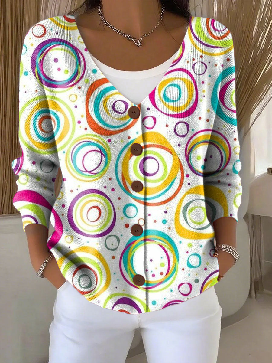 Gradient Colors Print Buttoned V-neck Cardigan Sweater