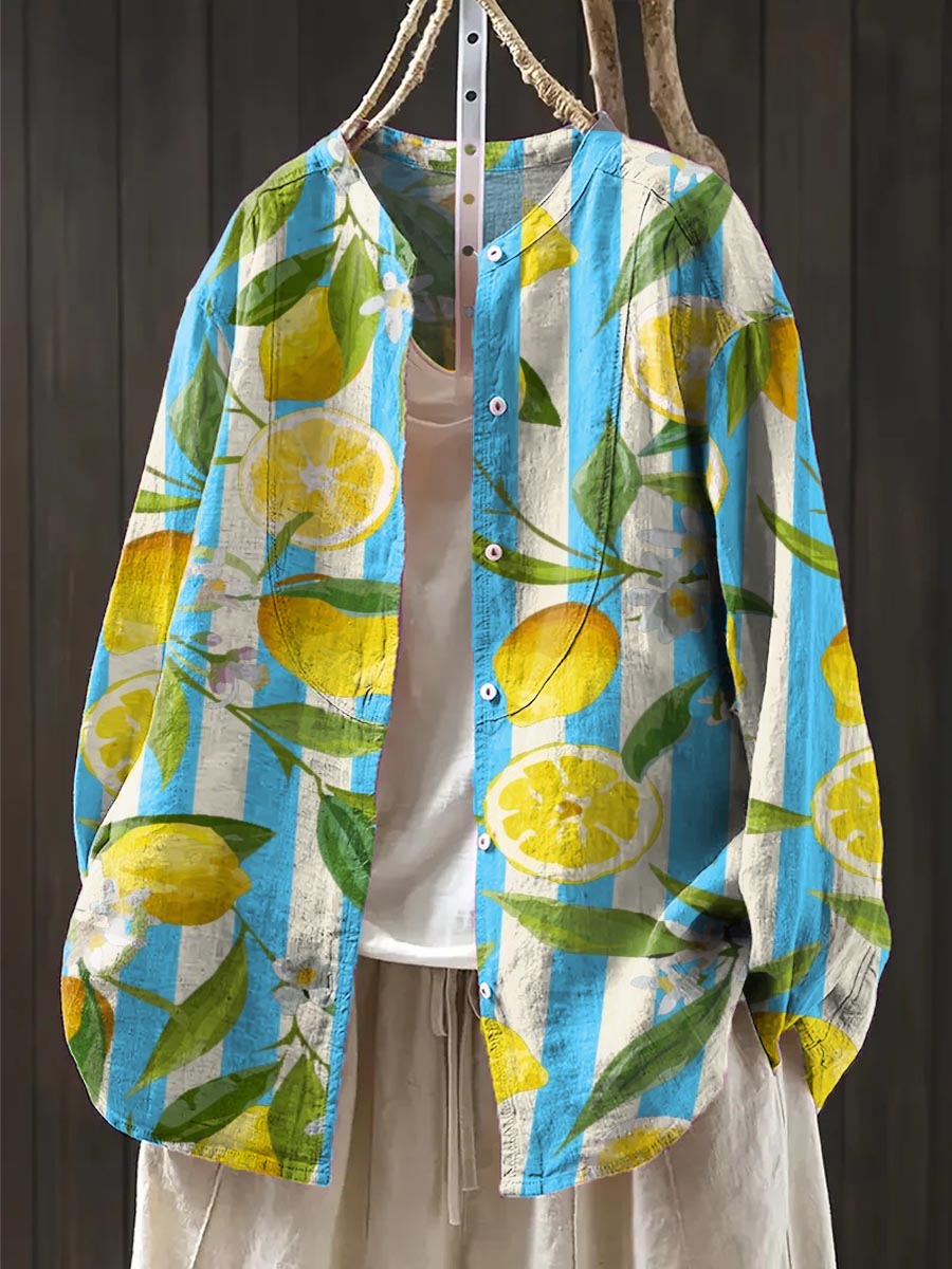 Women's Striped Lemon Print Casual Cotton And Linen Shirt