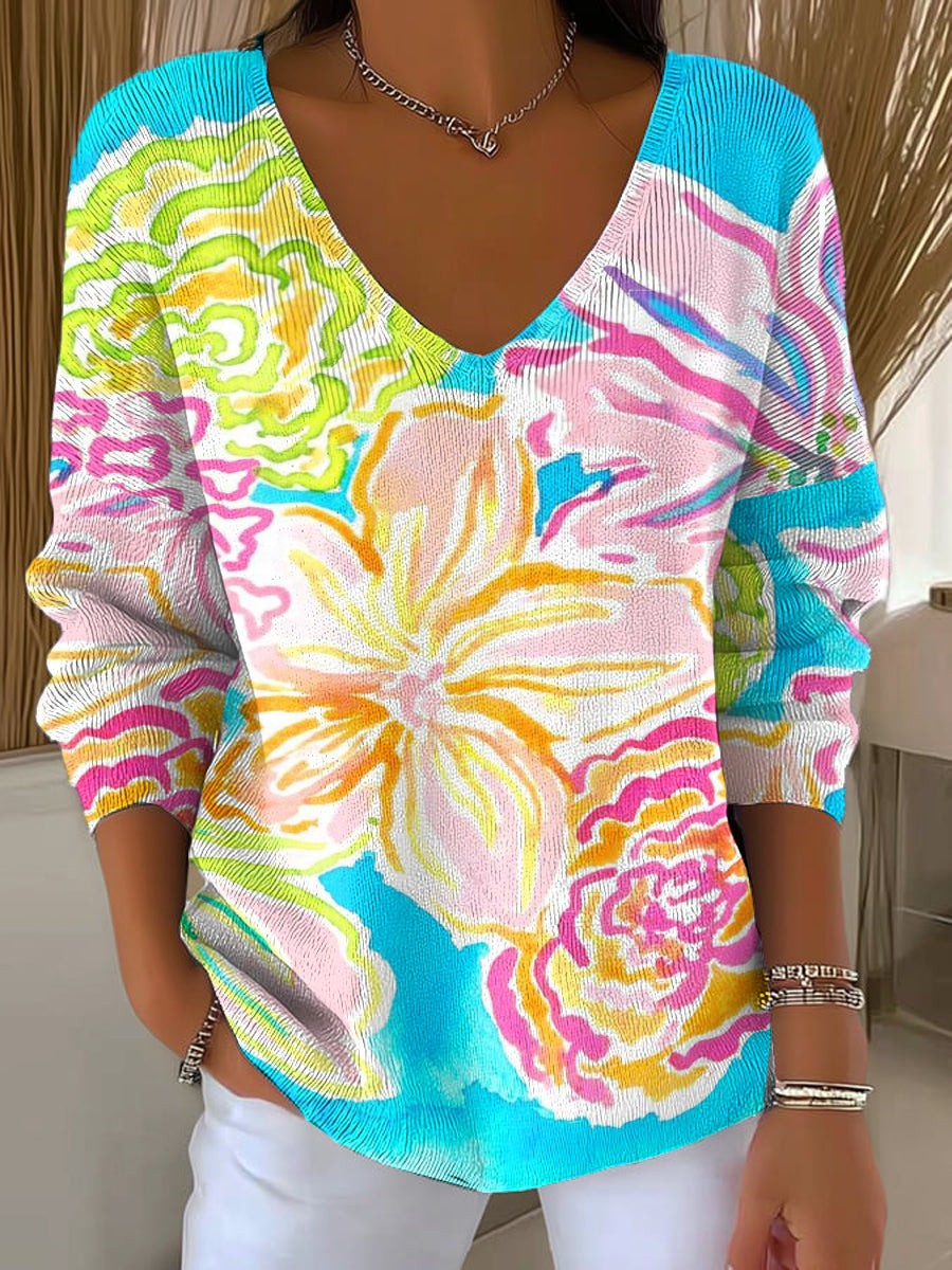 womens-colorful-watercolor-flowers-print-casual-pullover-sweater