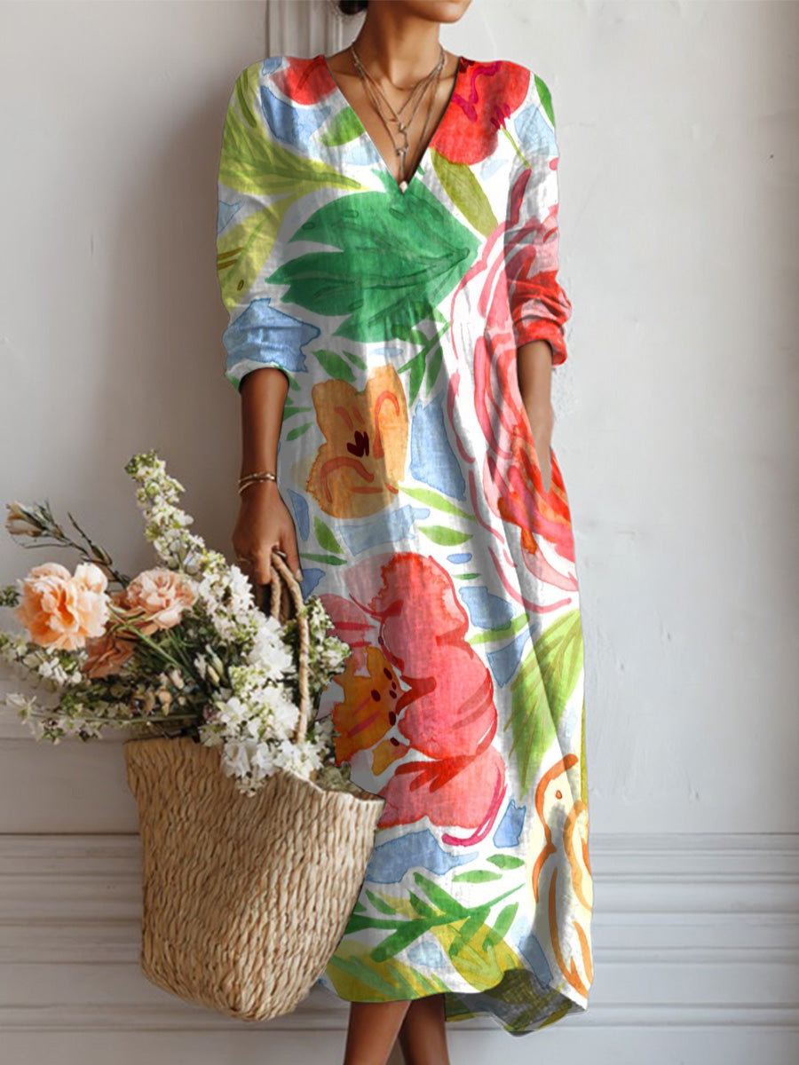 Women's Watercolor Flowers And Plants Print Linen Pocket Tunic Dress