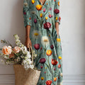 Women's Vintage Floral Art Print Casual Cotton Linen Pocket Dress
