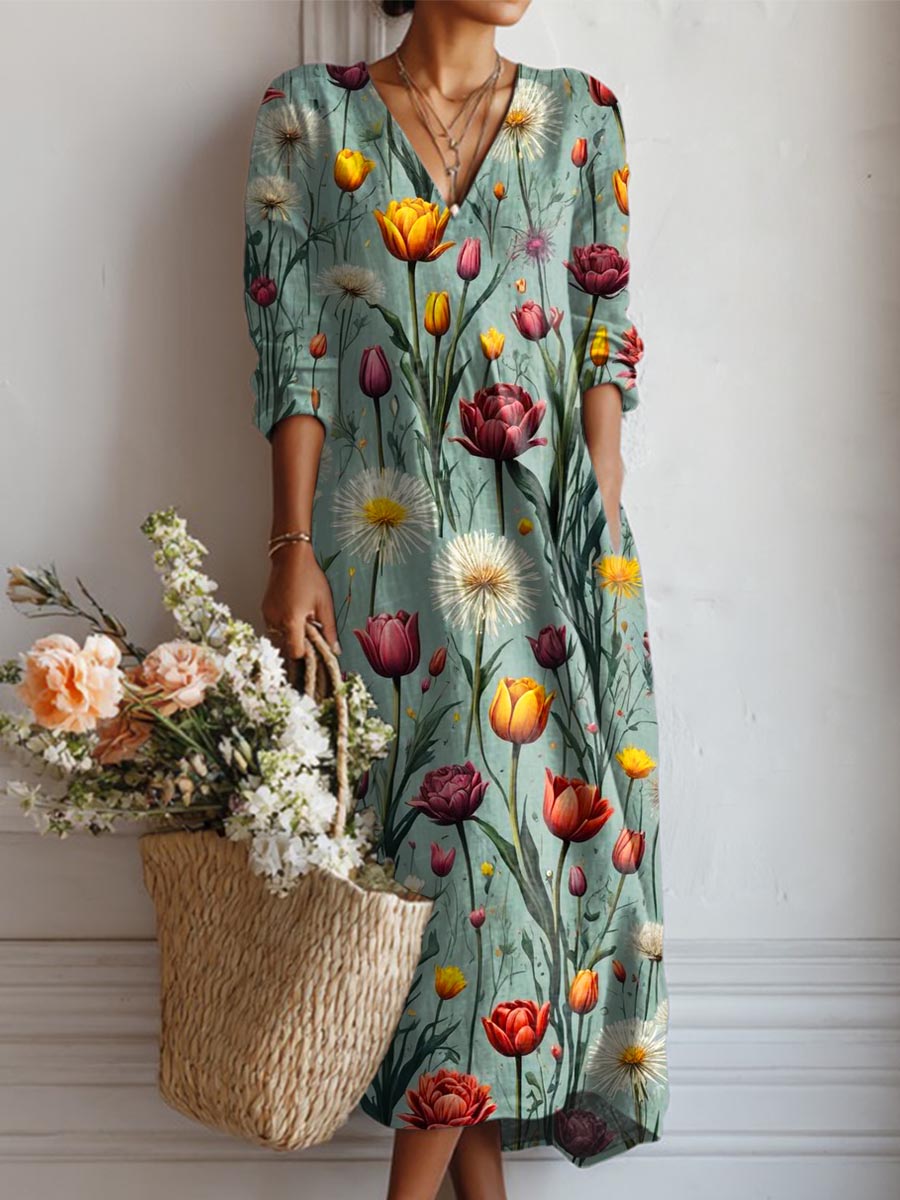 Women's Vintage Floral Art Print Casual Cotton Linen Pocket Dress