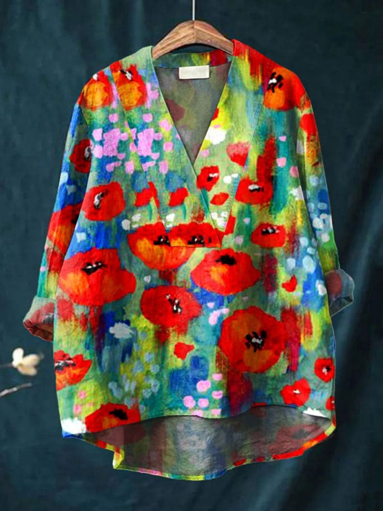 Women's  Flower Art Print Casual Cotton And Linen V-neck Shirt