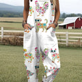 Women's  Vintage Farm Animal Floral Art Print Casual 100% Cotton Wide Leg Jumpsuit