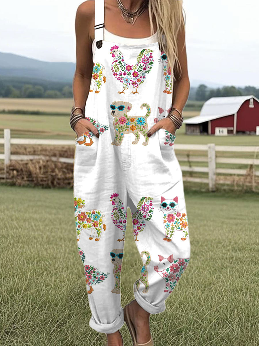 Women's  Vintage Farm Animal Floral Art Print Casual 100% Cotton Wide Leg Jumpsuit