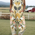 Women's  Bee Vintage Symmetrical Flowers Art  Print Casual 100% Cotton Wide Leg Jumpsuit