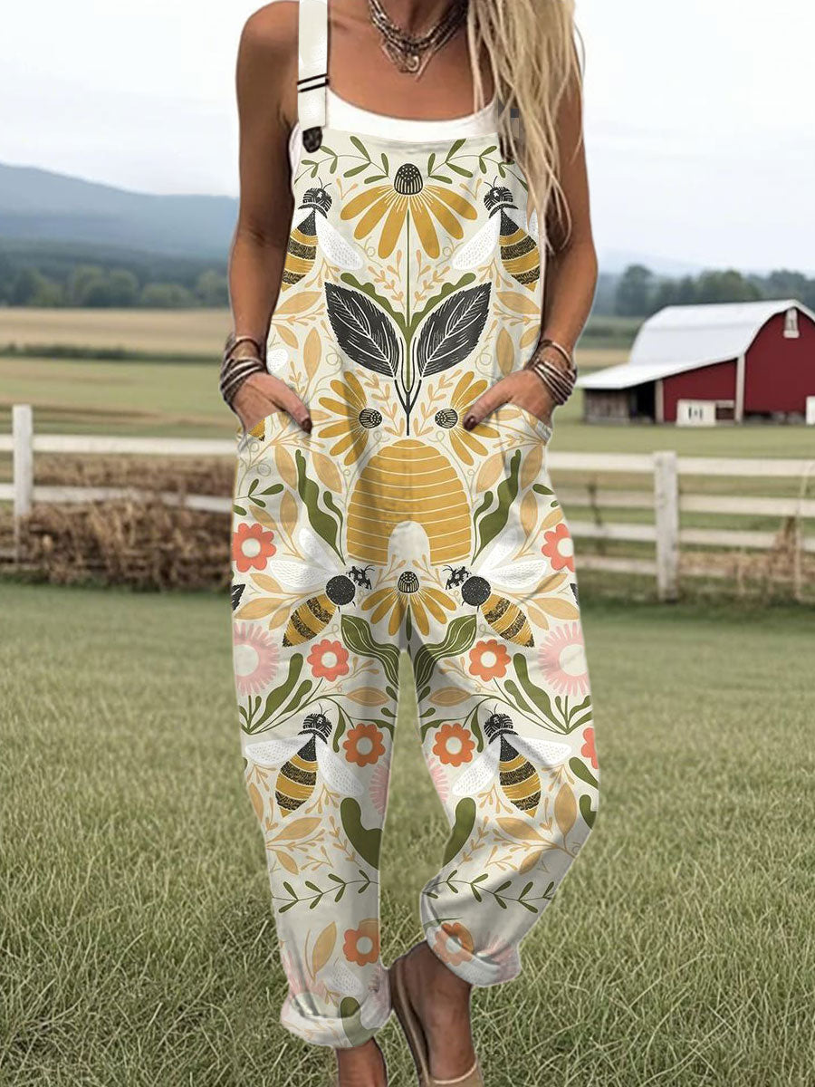 Women's  Bee Vintage Symmetrical Flowers Art  Print Casual 100% Cotton Wide Leg Jumpsuit
