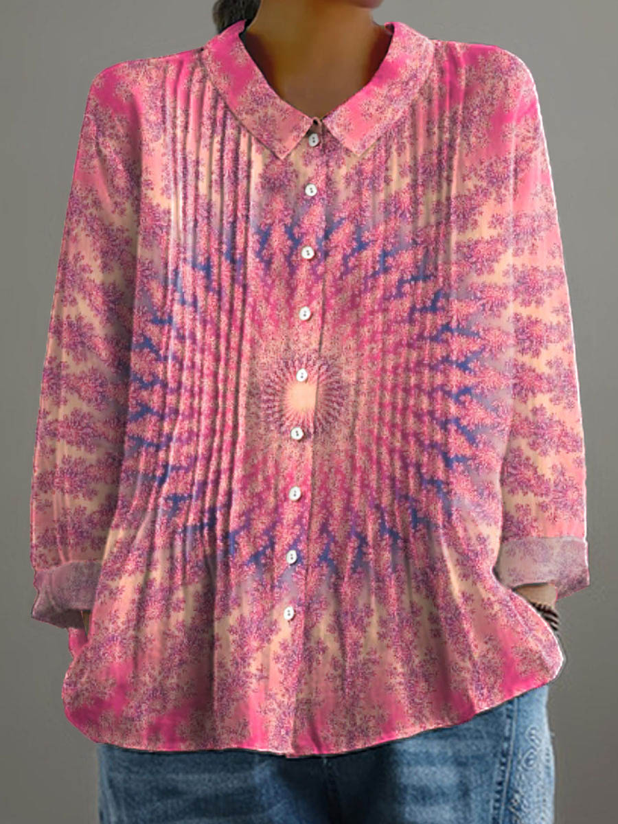 Women's Gradient Pattern Art Casual Cotton And Linen Ruffle Shirt