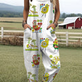 Women's Funny Chicken Art Print Casual 100% Cotton Wide Leg Jumpsuit