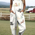 Women's Artistic Flower Cute Puppy Print Casual 100% Cotton Wide Leg Jumpsuit