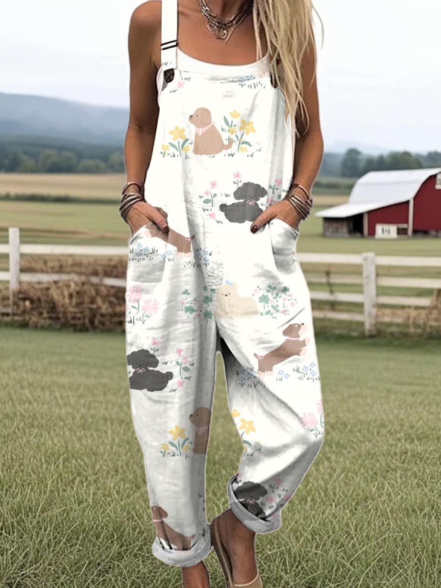 Women's Artistic Flower Cute Puppy Print Casual 100% Cotton Wide Leg Jumpsuit
