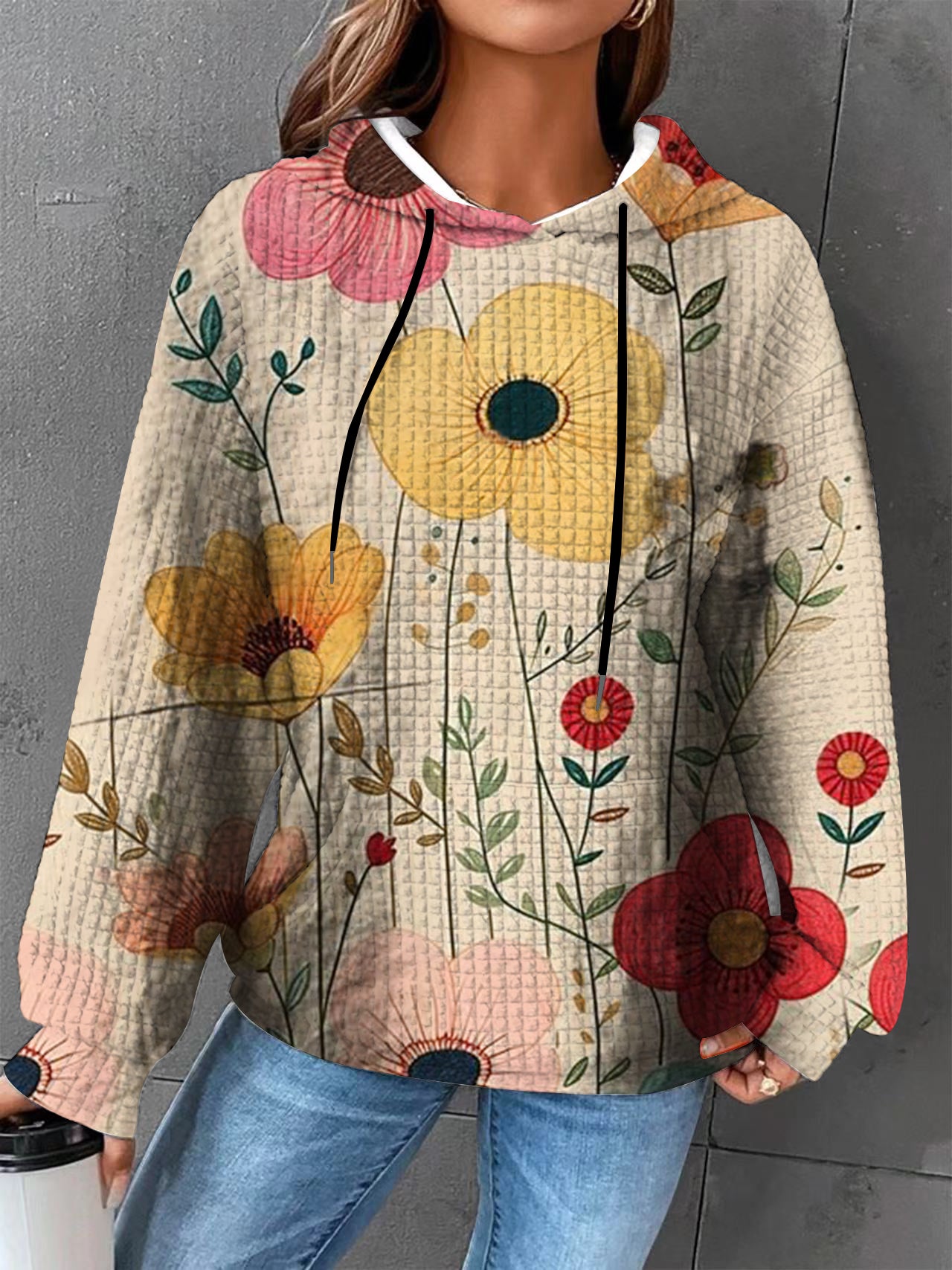 Plus size Autumn/Winter Women's Waffle Essential Creative Printed Long Sleeve Hooded Sweatshirt