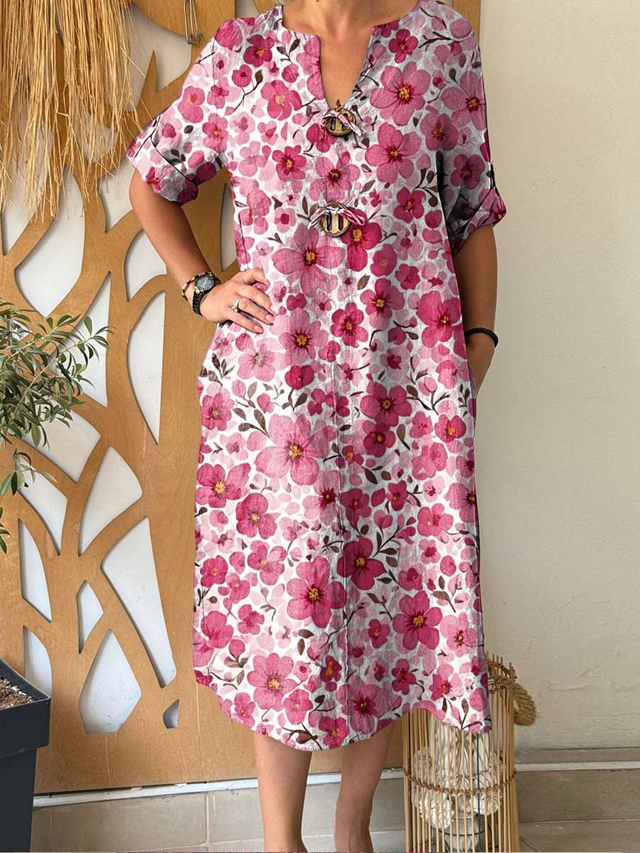 Women's Floral Print V-Neck 3/4 Sleeve Casual Cotton and Linen Dress