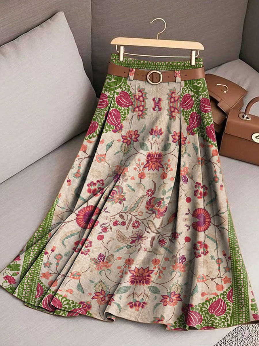 Women's Vintage Floral Art Print Casual Cotton Skirt