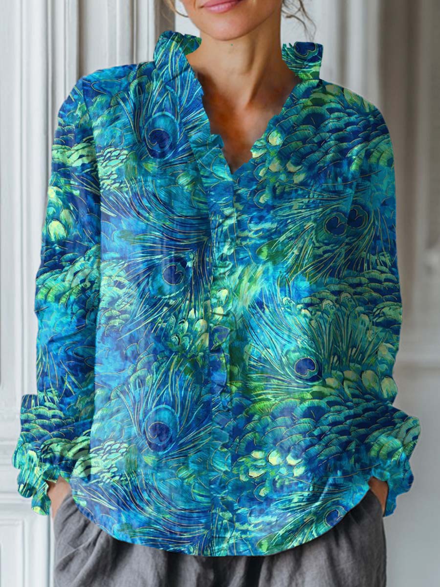 Women's Lovely Peacock Feather Pattern Art Print Casual Cotton And Linen Ruffle Shirt
