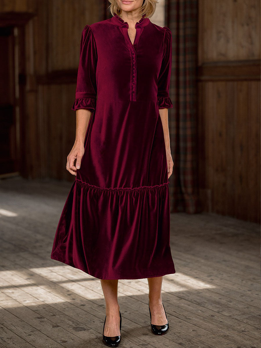 Women's Solid Color V-Neck 3/4 Sleeve Casual Loose Velvet Dress