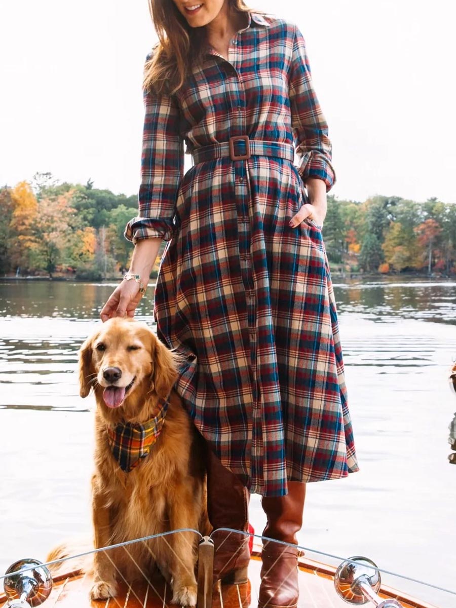 Women's Plaid Print Long Sleeve Casual Loose Cotton Dress