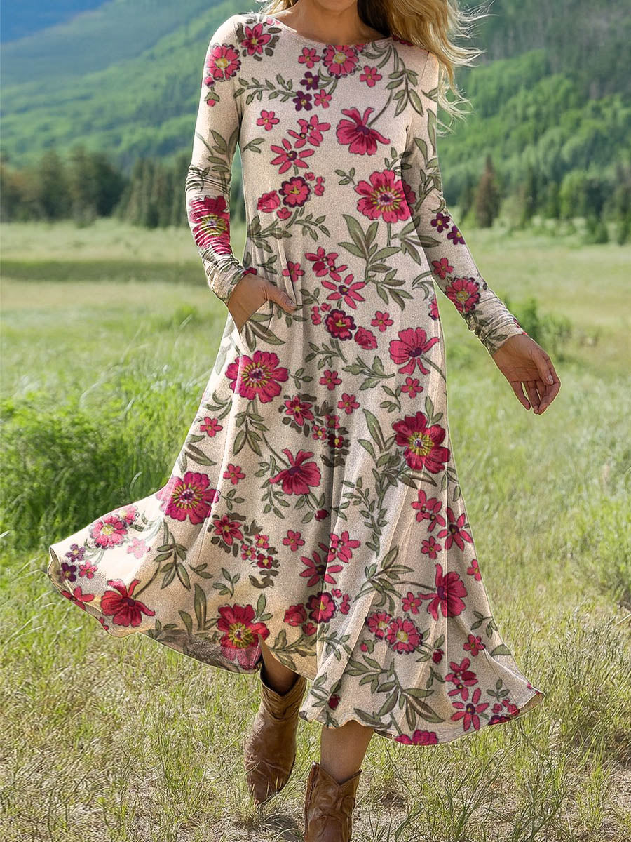 Women's Retro Floral Art Print Long-sleeved Dress