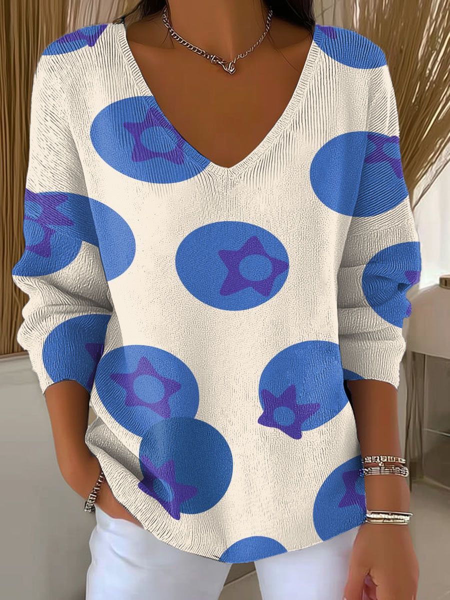Women's Blueberry Print Casual Pullover Sweater