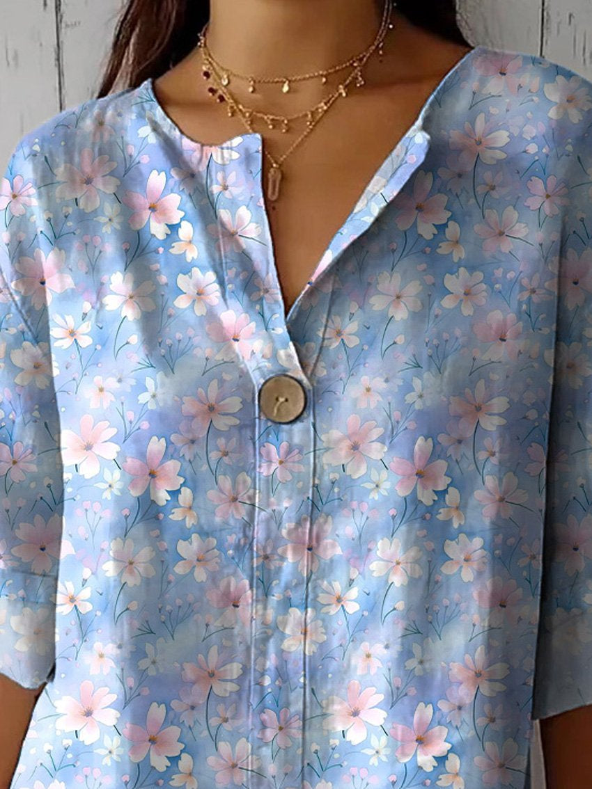 Watercolor Cherry Blossom Pattern Printed Women's Casual Cotton Linen Shirt
