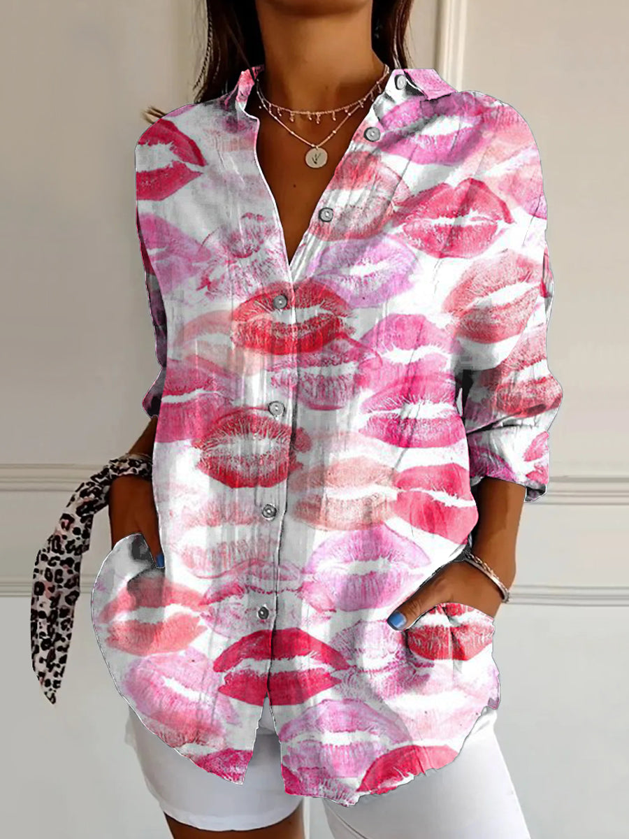 Women's Pink Lip Art Print Casual Cotton Shirt
