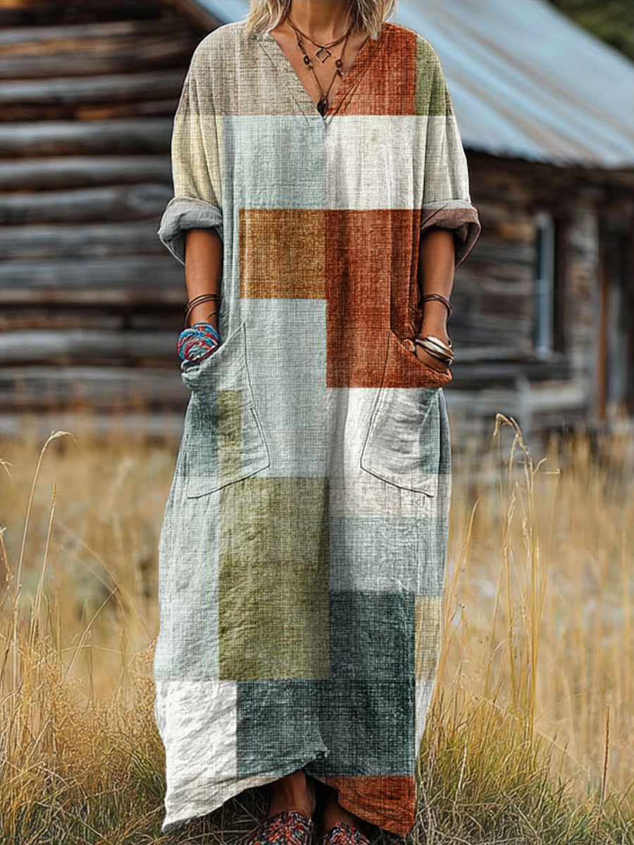 Women's Vintage Multicolor Geometric Color Block Painting Art Print Pocket V-neck Cotton Dress