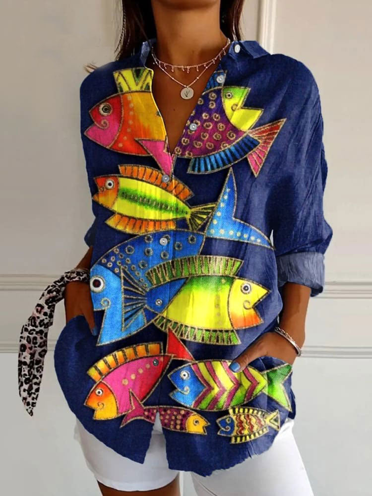 Women's  Fish  Art Print Casual Cotton Shirt