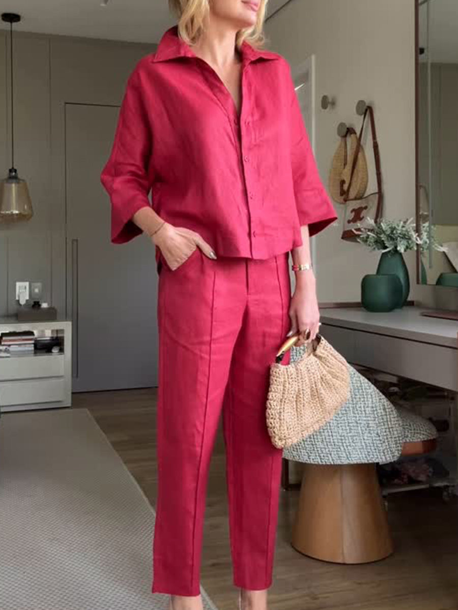 Casual Linen Shirt Elastic Pants Two-Piece Set