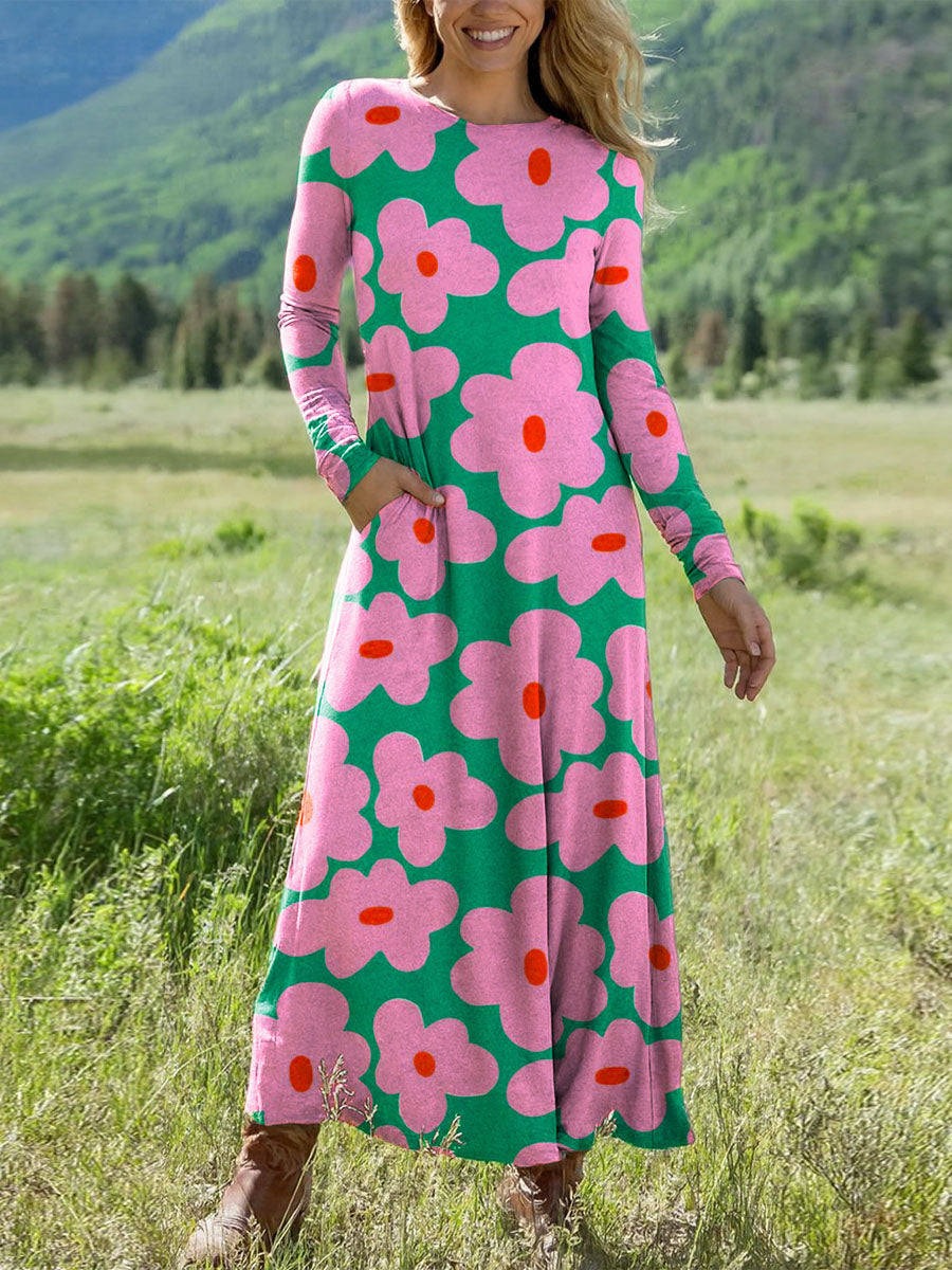 Women's Floral Pattern Art Print Long-sleeved Dress