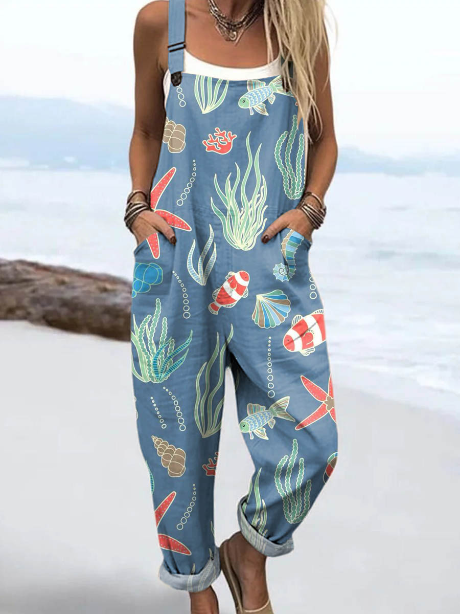 Women's Sea World Pattern Art Print Casual 100% Cotton Wide Leg Jumpsuit