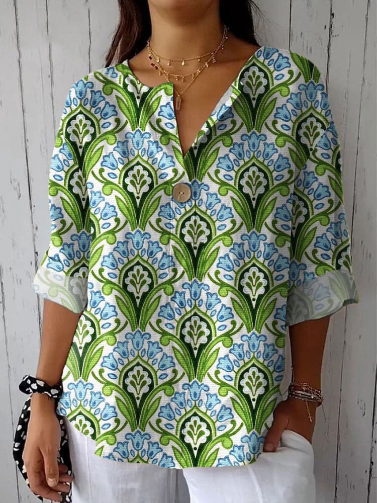 Women's Retro Floral  Art Print Casual Cotton Linen Shirt