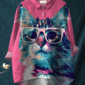 Women's Cat Print Casual Cotton And Linen Shirt