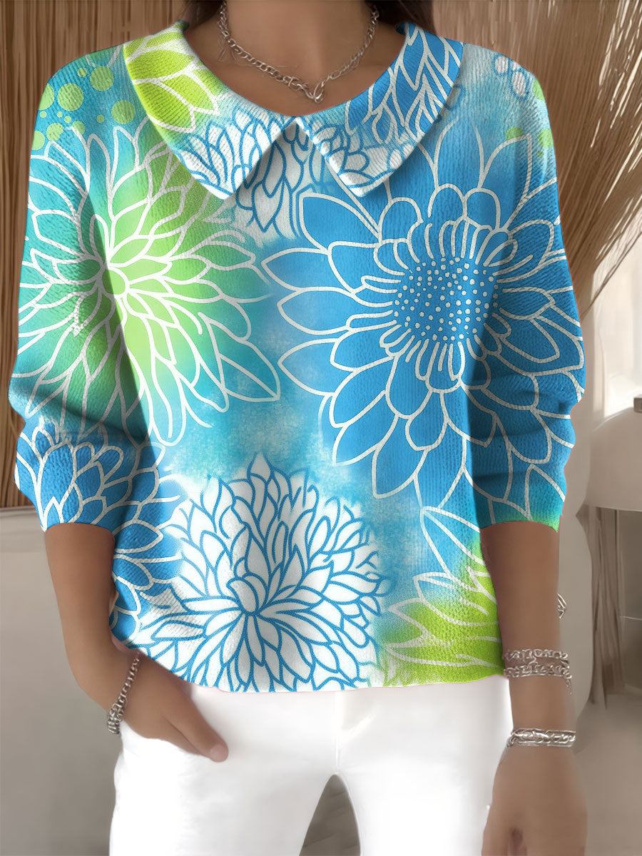 Women's Flowers Pattern Print Casual Print Peter Pan Collar 3/4 Sleeve Sweater